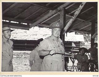 LAE, NEW GUINEA. 1945-05-11. GENERAL SIR THOMAS A. BLAMEY, COMMANDER-IN-CHIEF, ALLIED LAND FORCES, SOUTH WEST PACIFIC AREA (2), ADDRESSING AUSTRALIAN WOMEN'S ARMY SERVICE IN THE RECREATION HUT AT ..