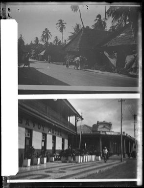 Two images of an unknown [Pacific Island?], a village street with unidentified men, horse and cart, thatched roofed building sand palm trees. Second image is the Savoy Hotel with another building beyond