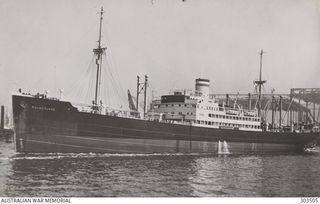 HAMBURG, GERMANY. PORT BOW VIEW OF THE GERMAN CARGO VESSEL KULMERLAND WHICH ACTED AS A SUPPLY SHIP FOR THE GERMAN AUXILIARY CRUISERS KOMET AND ORION IN THE PACIFIC, ACCOMPANYING THEM ON THE RAID ON ..