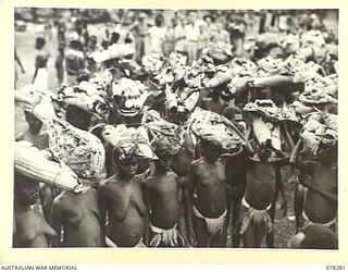 KAMALGAMAN ANCHORAGE, NEW BRITAIN. 1944-12-31. NATIVE WOMEN CARRYING FOOD INTO THE AUSTRALIAN AND NEW GUINEA ADMINISTRATIVE UNIT HEADQUARTERS IN PREPARATION FOR THE NATIVE SING-SING