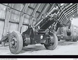 Melbourne, Vic. 1944-10-30. A 25-pounder Short Howitzer designed and manufactured in Australia for use in New Guinea. This pack gun can be dismantled into small sections and dropped by parachute. ..