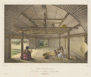 Vue interieure de la maison des femmes du chef Palou, Tonga-Tabou / de Sainson pinxt.; J. David lith