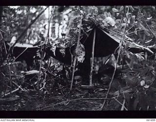 WAREO, NEW GUINEA. 1943-12-09. VX51384 PRIVATE (PTE) R. G. HANDCOCK OF WANGARATTA, VIC (LEFT), AND VX38584 PTE K. G. BOWLES OF BENDIGO, VIC (RIGHT), BOTH OF THE 2/23RD AUSTRALIAN INFANTRY BATTALION ..