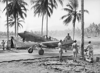 MILNE BAY, PAPUA. 1942-09. FLYING OFFICER E.B. TAINTON, NO 76 FIGHTER SQUADRON, RAAF, TAXIES HIS P40 KITTYHAWK FROM THE RUNWAY THROUGH PALM TREES TOWARDS THE DISPERSAL AREA