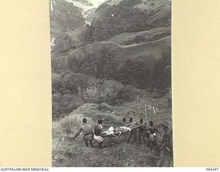 FINISTERRE RANGES, NEW GUINEA. 1944-01-23. NATIVES CARRYING A STRETCHER CASE DOWN A STEEP SLOPE FROM SHAGGY RIDGE, ON THE WAY TO THE ADVANCED DRESSING STATION AT GUY'S POST DURING THE ATTACK ON THE ..