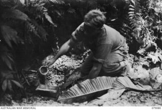 BOUGAINVILLE ISLAND. 1945-02-12. W38542 PRIVATE I. TURRIFF, "B" COMPANY, 9TH INFANTRY BATTALION GETTING WATER FROM A SMALL SUMP BESIDE THE MOSIGETTA ROAD