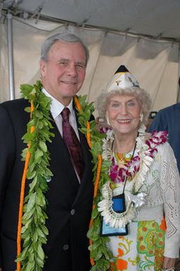 Tom Brokaw (left), NBC Nightly News Anchorman, poses for a picture with former U.S. Army 2nd LT. Lana Contar-Benning, the last living nurse from Hickman Field, Hawaii, Dec. 7, 1941, at Pearl Harbor, Hawaii, on Dec. 7, 2006, during the the joint Navy/National Park Service ceremony commemorating the 65th Anniversary of the attack on Pearl Harbor. More than 1,500 Pearl Harbor survivors, their families and their friends from around the nation joined the more than 2,000 distiguished guests and the general public for the annual Pearl Harbor observance. (U.S. Navy photo by CHIEF Communication SPECIALIST Don Bray) (Released)