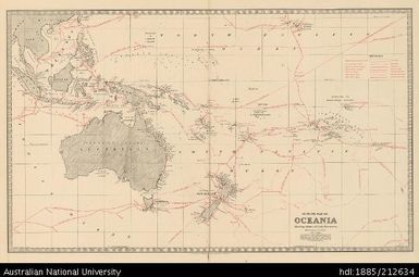 Oceania, Outline Map of Oceania showing Routes of Early Discoverers, 1888