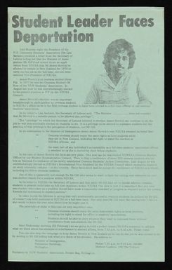 Flier titled 'Student Leader Faces Deportation'