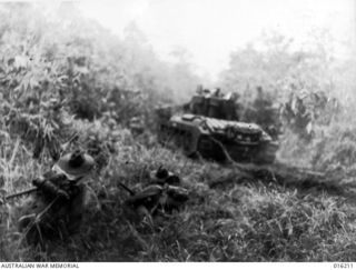 Sattelberg, New Guinea. 1943-11-16. Australian troops follow a Matilda tank in the dawn attack on Sattelberg