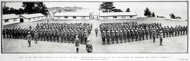 About to help their white brothers in the service of the King: a full-kit parade of the Māori and Niue Island soldiers, now completing their course of training at the Narrow Neck camp, Auckland