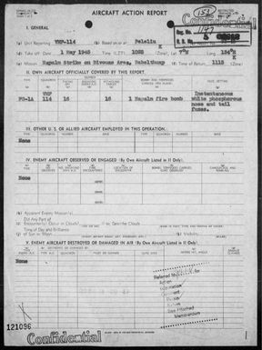 VMF-114 - ACA rep #33 - Napalm strike on bivouac area on Babelthuap Is, Palau Is, on 5/1/45