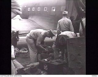 7 MILE, NEW GUINEA. 1943-11-01. THE ARRIVAL BY AIRCRAFT OF THE FIRST PARTY OF THE UNITED KINGDOM LETHBRIDGE MILITARY MISSION AT WARDS 'DROME. SHOWN: LIEUTENANT COLONEL D. C. CURNE