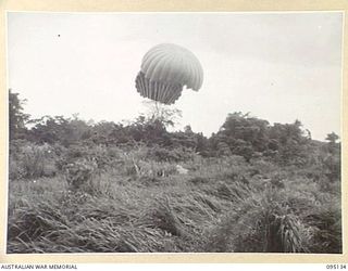 KIARIVU, NEW GUINEA, 1945-08-09. OF HIGH PRIORITY, 75MM GUNS ARE DROPPED TO 2/7 INFANTRY BATTALION WITH TWO PARACHUTES TO ENSURE THEIR SAFE ARRIVAL TO THE DROPPING ZONE