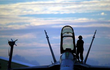 GUNNERY SGT. Rome M. Holcomb from Marine Fighter Attack Squadron Five Three Three (VMFA-533) conducts post flight checks on one of four F-18 "Hornet" fighters at Rock Hampton Airport, Australia, on April 29, 2001. The Hornets flew in from Guam to participate in "Exercise TANDEM THRUST," a combined US and Australian military training exercise. The biannual exercise is held in the vicinity of Shoalwater Bay training area, Queensland, Australia. More than 27,000 Soldiers, Sailors, Airmen and Marines are participating, with Canadian units taking part as opposing forces. The purpose of the exercise is to train for crisis action planning and execution of contingency response operations