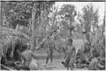 Pig festival, uprooting cordyline ritual: men outside sacred stone house, note pig jawbone display