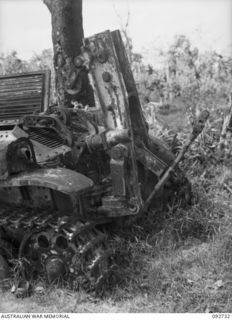 WEWAK AREA, NEW GUINEA, 1945-05-28. A KNOCKED OUT JAPANESE TYPE 97 CHI-HA ENGINEER RECOVERY TANK WHICH WAS FOUND NEAR BORAM IN THE HQ 6 DIVISION AREA
