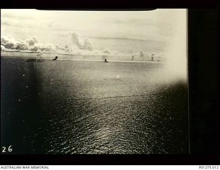 Bismarck Sea. 1943-03-03. Japanese shipping on fire after attack by Beaufighter aircraft of No. 30 Squadron RAAF during the Battle of the Bismarck Sea The Battle was fought about 40 miles north ..