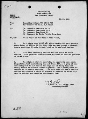 LCI(G)-465 - Report of damage sustained from near miss off Adelup Point, Guam Island, Marianas, 7/28/44