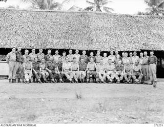 LAE, NEW GUINEA. 1944-04-03. PERSONNEL OF A BRANCH ADMINISTRATION GROUP, HEADQUARTERS LAE BASE SUB-AREA. IDENTIFIED PERSONNEL ARE:- VX60948 LIEUTENANT J.V. BUTLER (1); SX14196 CHAPLAIN C.M. SWAN ..