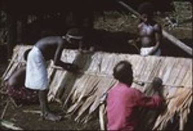 Men working on the ridge piece of house thatching, and putting it on the roof