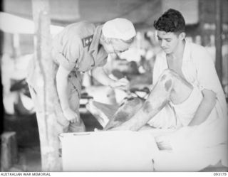 BOUGAINVILLE, 1945-06-18. A PATIENT, CORPORAL O.G. O'CONNOR, 24TH INFANTRY BATTALION (2), HAVING DYE APPLIED TO HIS LEG BY SISTER B.A. EMBLING, AUSTRALIAN ARMY NURSING SERVICE (1), DURING TREATMENT ..