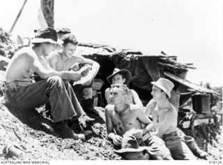 Tsimba Ridge, Bougainville, Solomon Islands. Mail reaches the mortar men on Artillery Ridge, Numa Numa Sector