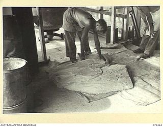 PORT MORESBY, NEW GUINEA. 1944-04-20. NX83467 PRIVATE R.M. BENTLEY, A MEMBER OF THE 13TH FIELD BAKERY (1), WITH VX92666 PRIVATE P. KENNEDY, 6TH FIELD BAKING PLATOON (2), CUTTING DOUGH IN THE BAKERY ..