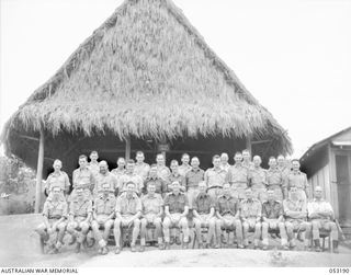THE SEVENTEEN MILE, PORT MORESBY, NEW GUINEA. 1943-07-03. OFFICERS OF THE 2/9TH AUSTRALIAN GENERAL HOSPITAL. FRONT ROW, LEFT TO RIGHT: VX20305 MAJOR A. V. JACKSON (1); UK26 CAPTAIN BARBOUR (2); ..
