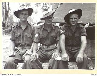 CAPE PUS, NEW GUINEA. 1945-11-03. LANCE CORPORAL W.T. FALLSHAW (1), SERGEANT S.E. BAILEY (2) AND CORPORAL C. LETCHFIELD (3). THE MEN WERE MEMBERS OF THE 2/2 INFANTRY BATTALION PLATOON COMMANDED BY ..