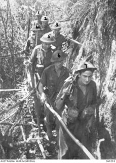 FARIA RIVER AREA, NEW GUINEA. 1943-11-07. A FIGHTING PATROL OF C COMPANY, 2/27TH AUSTRALIAN INFANTRY BATTALION MOVING ALONG A MAKESHIFT BRIDGE ON SHAGGY RIDGE WHILE THE ARTILLERY SHELL THE JAPANESE ..