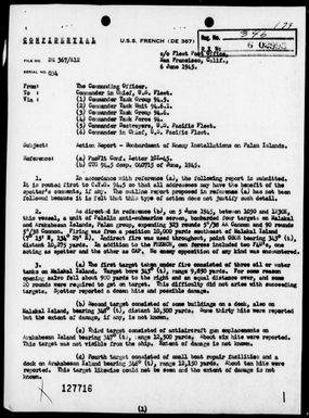 USS FRENCH - Report of the bombardments of Malakal and Arakabesan Islands, Palau Islands, 6/5/45