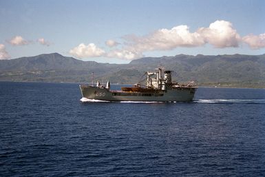 A port bow view of the Australian amphibious heavy lift ship HMAS TOBRUK (L 50) underway