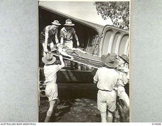 Use of transport planes in New Guinea enables speedy evacuation of wounded from forward areas to the base. Compared with their trek across the Owen Stanleys, which took days, wounded have been ..