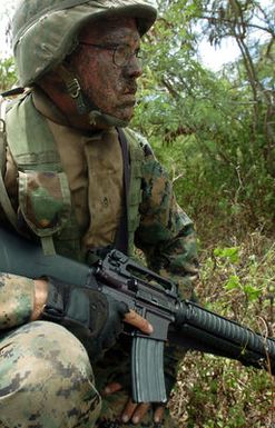 US Marine Corps (USMC) Corporal (CPL) Jason Dobos, a Section Leader assigned to the 3rd Amphibious Assault Battalion, armed with 5.56 mm M16A2 rifle, waits on the side of the road for his simulated enemy during infantry training at Training Area Bellows, Hawaii (HI)