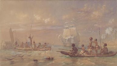 First arrival of white men amongst the islands of the Louisiade Archipelago / O.W. Brierly