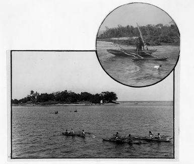 Two photographs of groups of people with outrigger canoes in the Pacific Islands