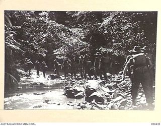 WONGINARA MISSION, NEW GUINEA. 1945-04-04. TIRED B COMPANY, 2/3 INFANTRY BATTALION TROOPS MOVE BACK TO COMPANY HEADQUARTERS FOR A RESPITE FROM FIGHTING IN THICK JUNGLE IN THE TORRICELLI MOUNTAINS, ..