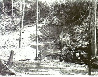 NEW BRITAIN, 1945-09. ALLIED BOMB DAMAGE TO A HILLSIDE AND MOTOR VEHICLE IN THE RABAUL AREA. (RNZAF OFFICIAL PHOTOGRAPH.)
