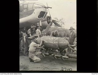 VIVIGANI, GOODENOUGH ISLAND, PAPUA. 1943-11-17. GROUND STAFF OF NO. 8 (BEAUFORT) SQUADRON RAAF COMMANDED BY WING COMMANDER G. D. NICOLL CHALK THEIR VISITING CARD ON A 2000LB DAISY-CUTTER BEING ..