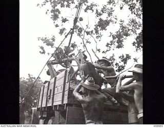 PORT MORESBY, NEW GUINEA. 1943-11-15. LOADING THE PARTS OF A "NORMAL" 25-POUNDER GUN INTO A THREE TON TRUCK FOR DESPATCH TO THE AIRPORT. SHOWN IS:- NX95949 GUNNER D. E. COOK OF THE 2/5TH AUSTRALIAN ..