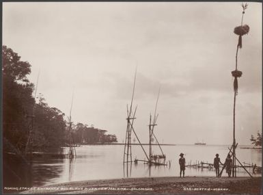 Fishing stakes at the entrance to Bulalaha River, Malaita, Solomon Islands, 1906 / J.W. Beattie