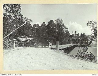 PALMALMAL PLANTATION, NEW BRITAIN. 1945-02-14. A NEW BRIDGE OVER THE TAUT RIVER BUILT BY THE 13TH FIELD COMPANY