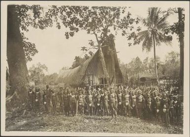Large gathering of men before the Dubu Daima of Tovei village, Gulf Province, Papua New Guinea, ca. 1922 / Frank Hurley