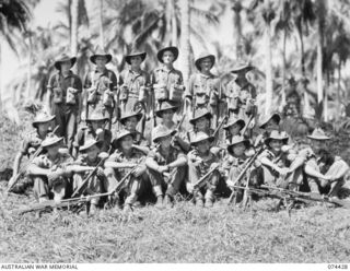 MADANG, NEW GUINEA. 1944-06-30. PERSONNEL OF NO. 10 PLATOON, 24TH INFANTRY BATTALION. IDENTIFIED PERSONNEL ARE:- VX77508 PRIVATE P. MCDONALD (1); V255446 PRIVATE R.W. BOULTON (2); VX109150 CORPORAL ..