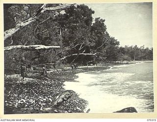 MALALAMAI, YAGOMAI, NEW GUINEA, 1944-02-09. TROOPS OF THE 30TH INFANTRY BATTALION MARCHING ALONG THE BEACH ON THE TRACK BETWEEN MALALAMAI AND YAGOMAI