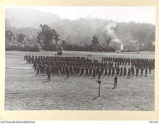 TOROKINA, BOUGAINVILLE. 1945-05-18. SECTION OF THE PARADE OF TROOPS OF 7 INFANTRY BRIGADE AT GLOUCESTER PARK DURING AN INSPECTION AND ADDRESS BY LIEUTENANT GENERAL S.G. SAVIGE, GENERAL OFFICER ..