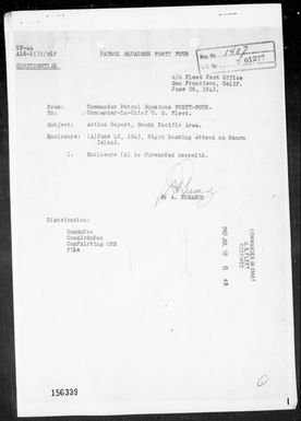 VP-44 - Report of bombing attack on Nauru Island, 6/18/43