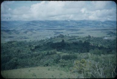 Looking from north wall to Minj end of Tsigmil shelf, Minj Station and valley of Minj River, houses and gardens in foreground : Waghi Valley, Papua New Guinea, 1954 / Terence and Margaret Spencer