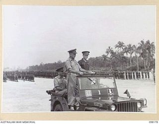TOROKINA, BOUGAINVILLE. 1945-10-22. A CEREMONIAL PARADE AND MARCH PAST BY 29 INFANTRY BRIGADE WAS HELD FOR MAJOR GENERAL W. BRIDGEFORD, GENERAL OFFICER COMMANDING 3 DIVISION, AT TOROKINA AIRFIELD. ..
